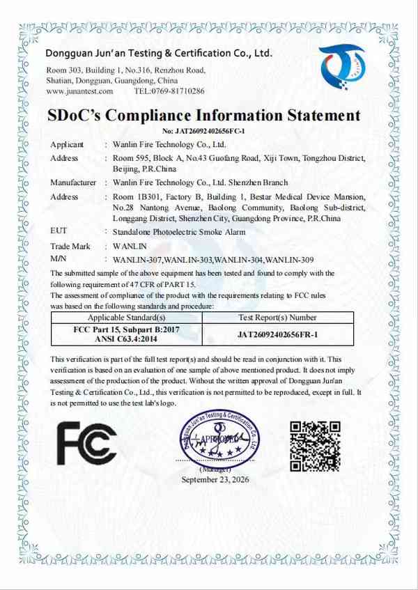 Alarma de humo autónoma WANLIN-307 con SDoC FCC Part 15 Subpart B enviada desde Shenzhen a Ciudad de México
